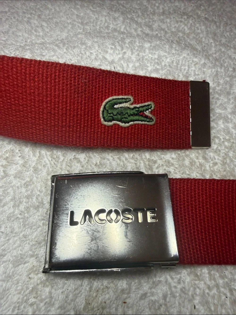 Lacoste Red Canvas Belt with Silver Buckle and Crocodile Patch